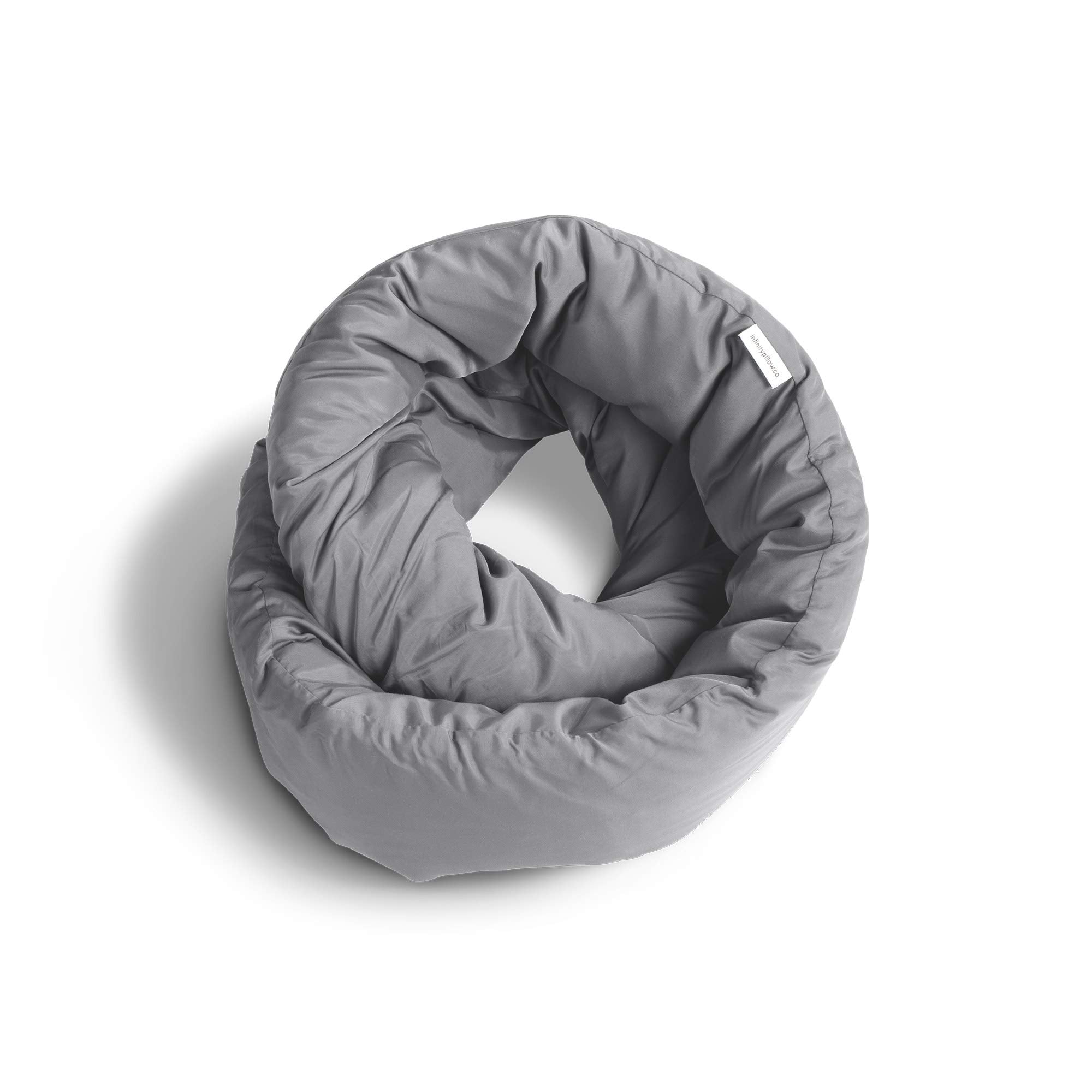 Huzi Infinity pillow front view showing shape and breathable grey cover for travel comfort