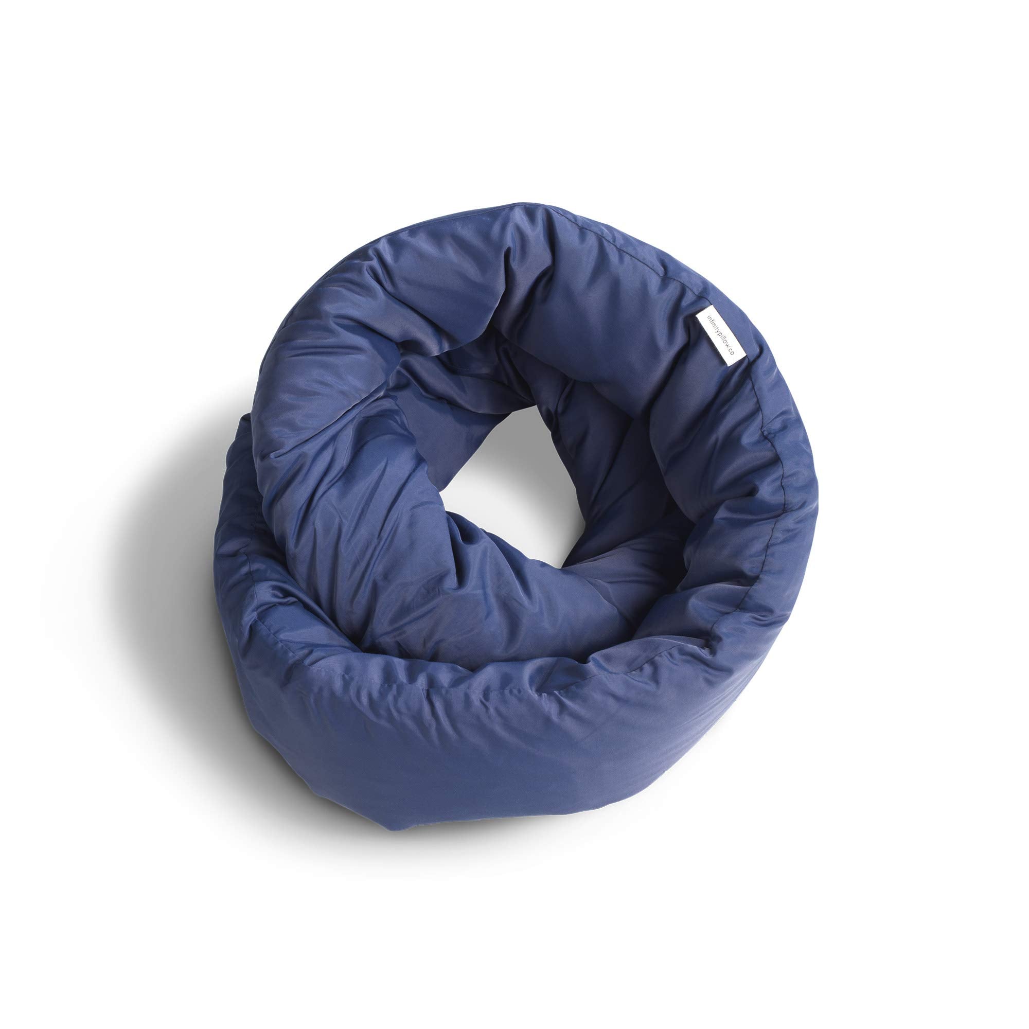 Huzi Infinity Pillow front view showing navy loop and neat seam, offers portable comfort