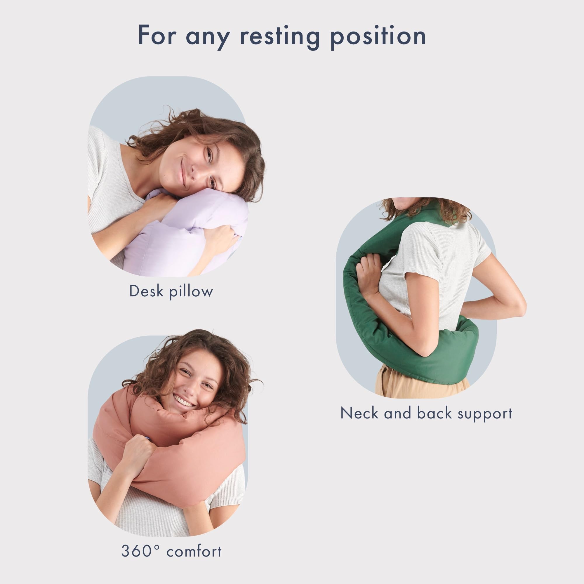 Huzi Infinity Pillow beside hand to show compact scale for easy packing