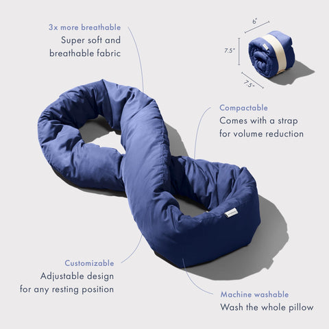 Huzi Infinity Pillow worn around neck on plane delivering adjustable head support