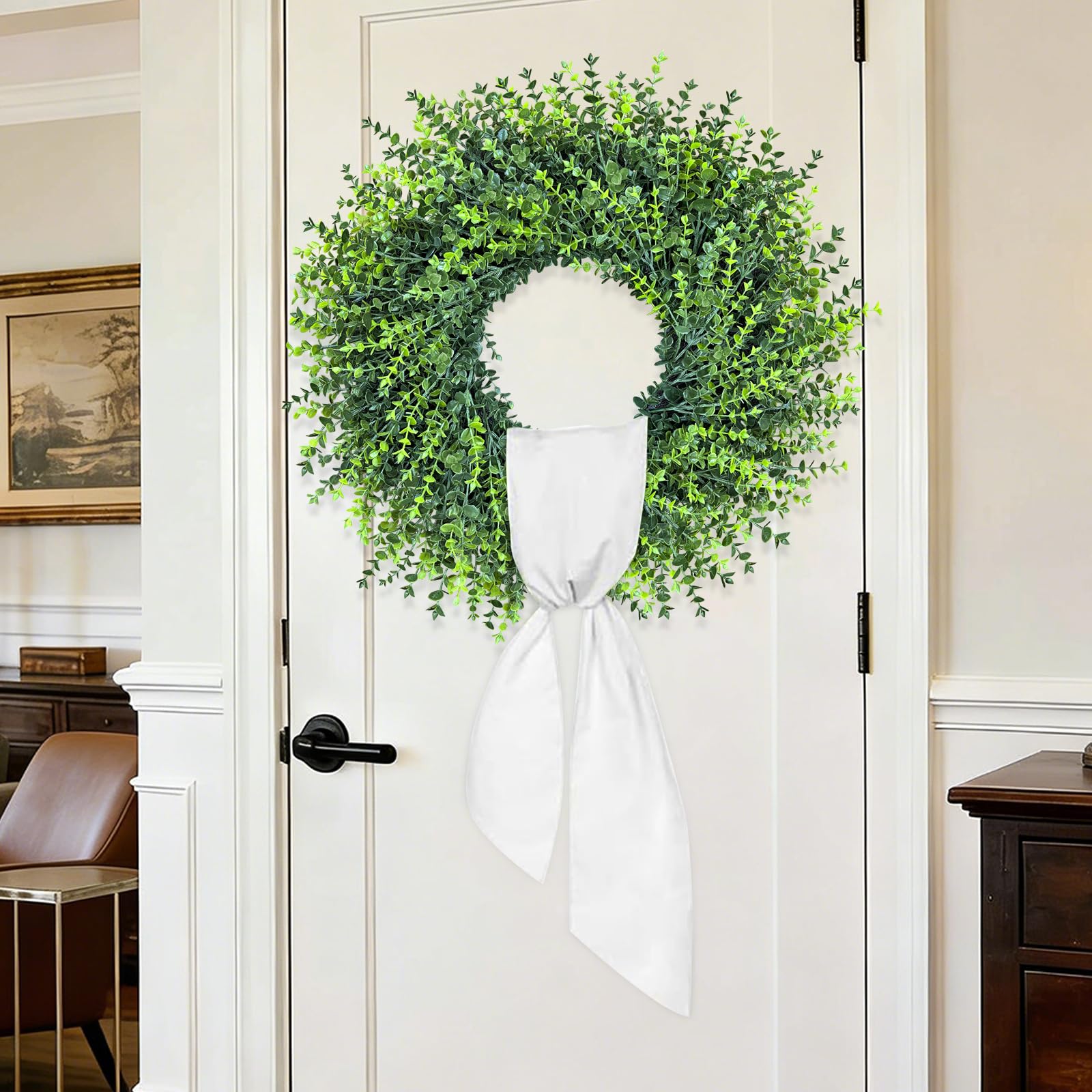 HUZIYAHAN wreath next to door showing true 28-inch scale