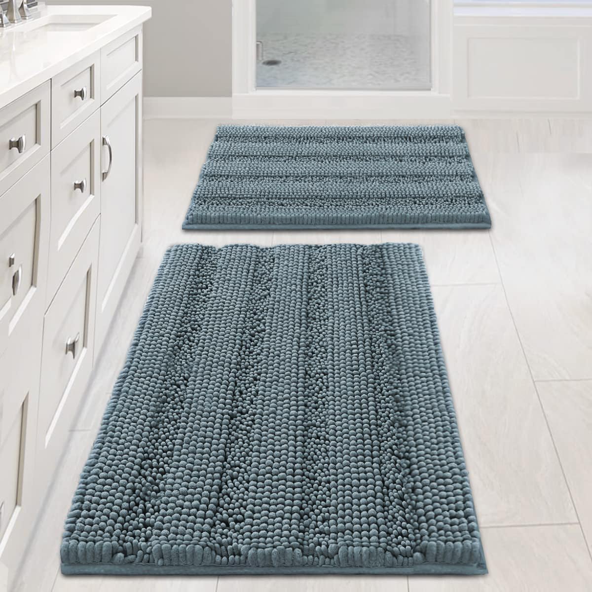 H.VERSAILTEX front view of striped bath rug set showing plush comfort and decor