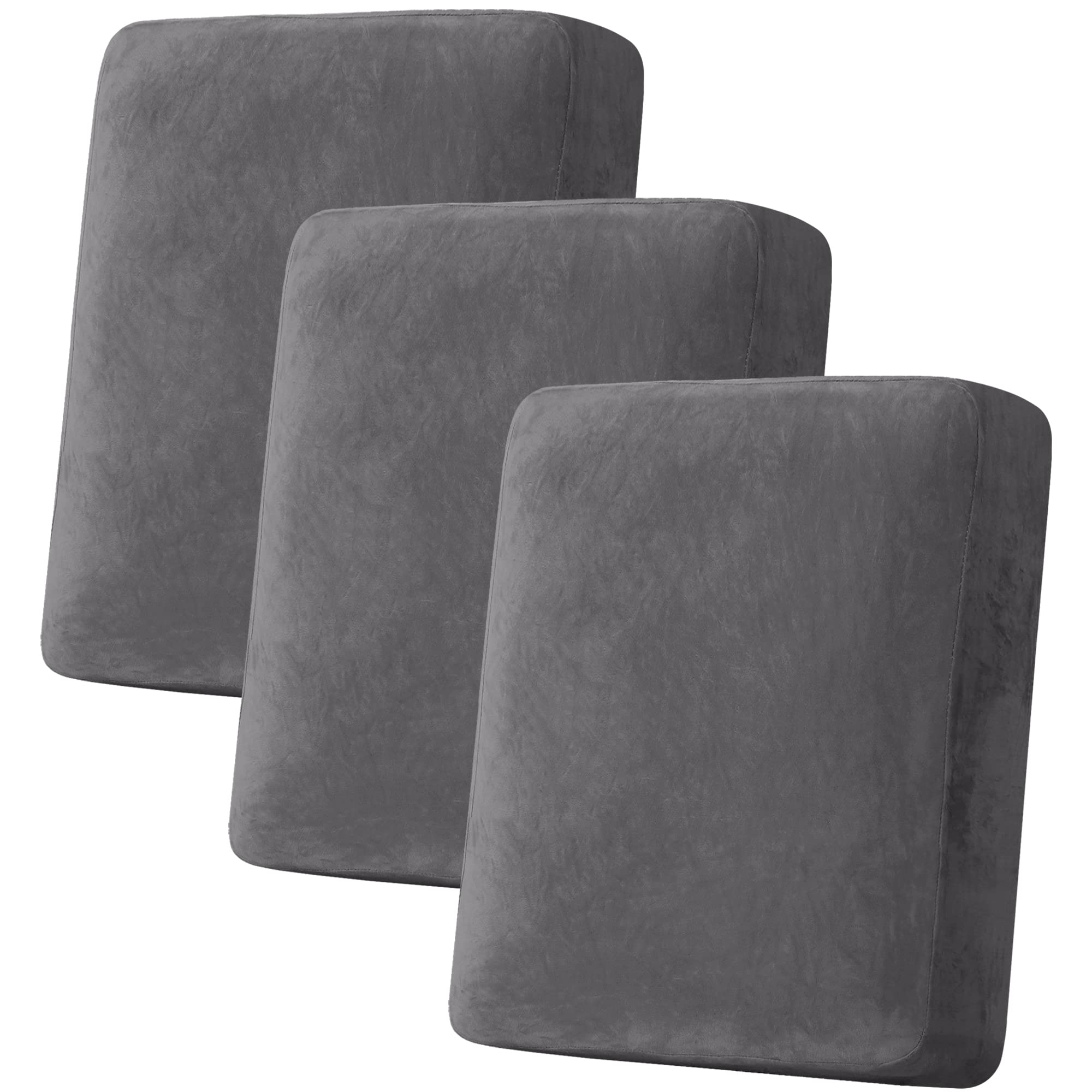 H.VERSAILTEX front view of three grey cushion covers showing neat fit and refreshed sofa