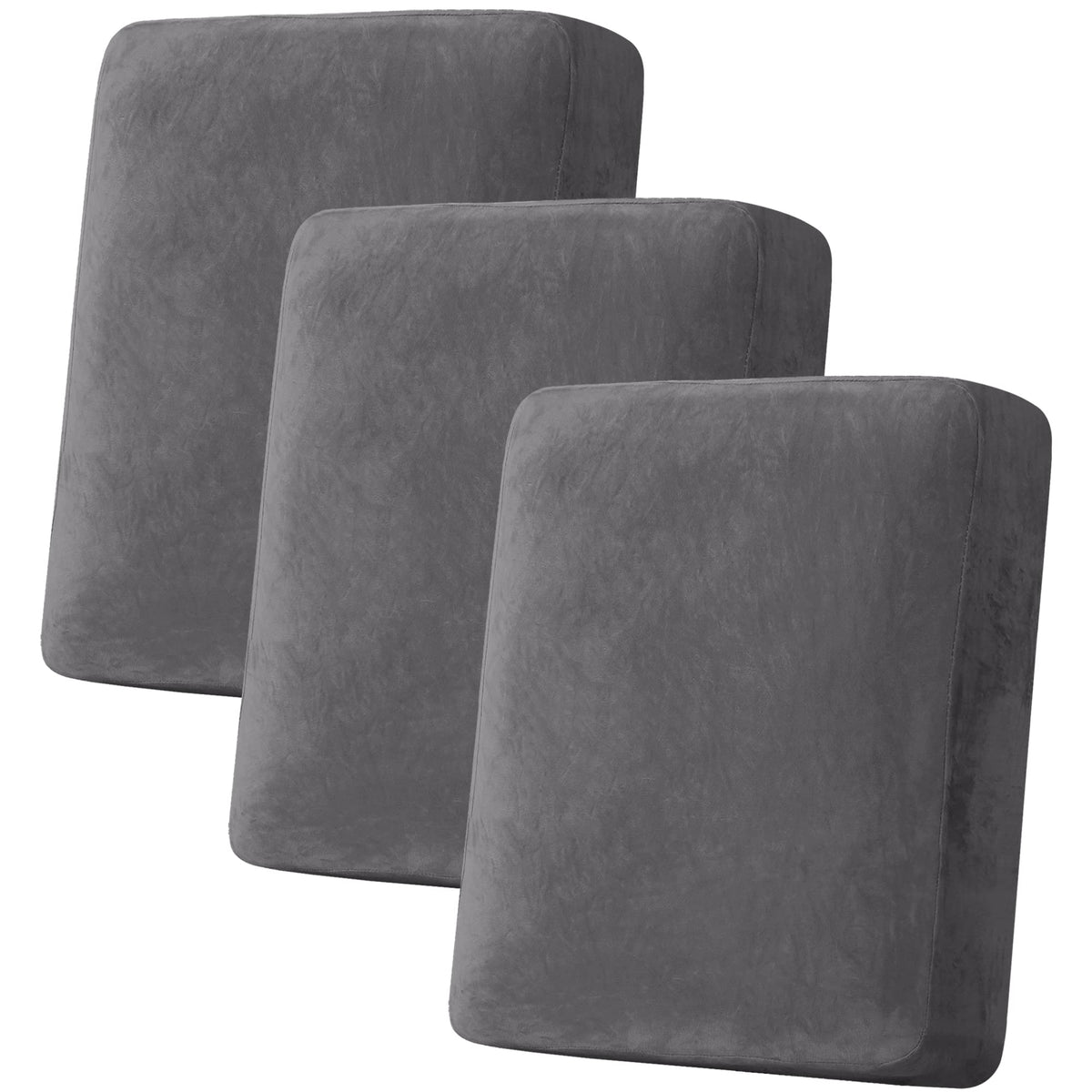 H.VERSAILTEX front view of three grey cushion covers showing neat fit and refreshed sofa