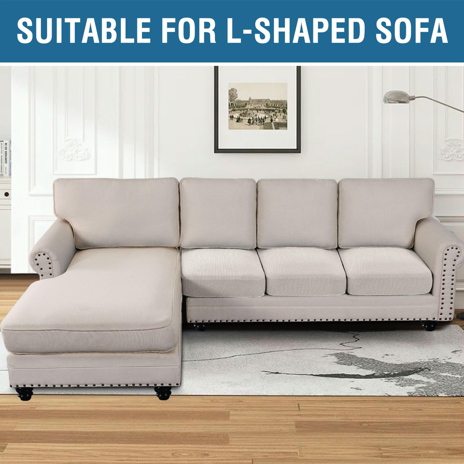 H.VERSAILTEX styled living room with ivory covers for modern refreshed look
