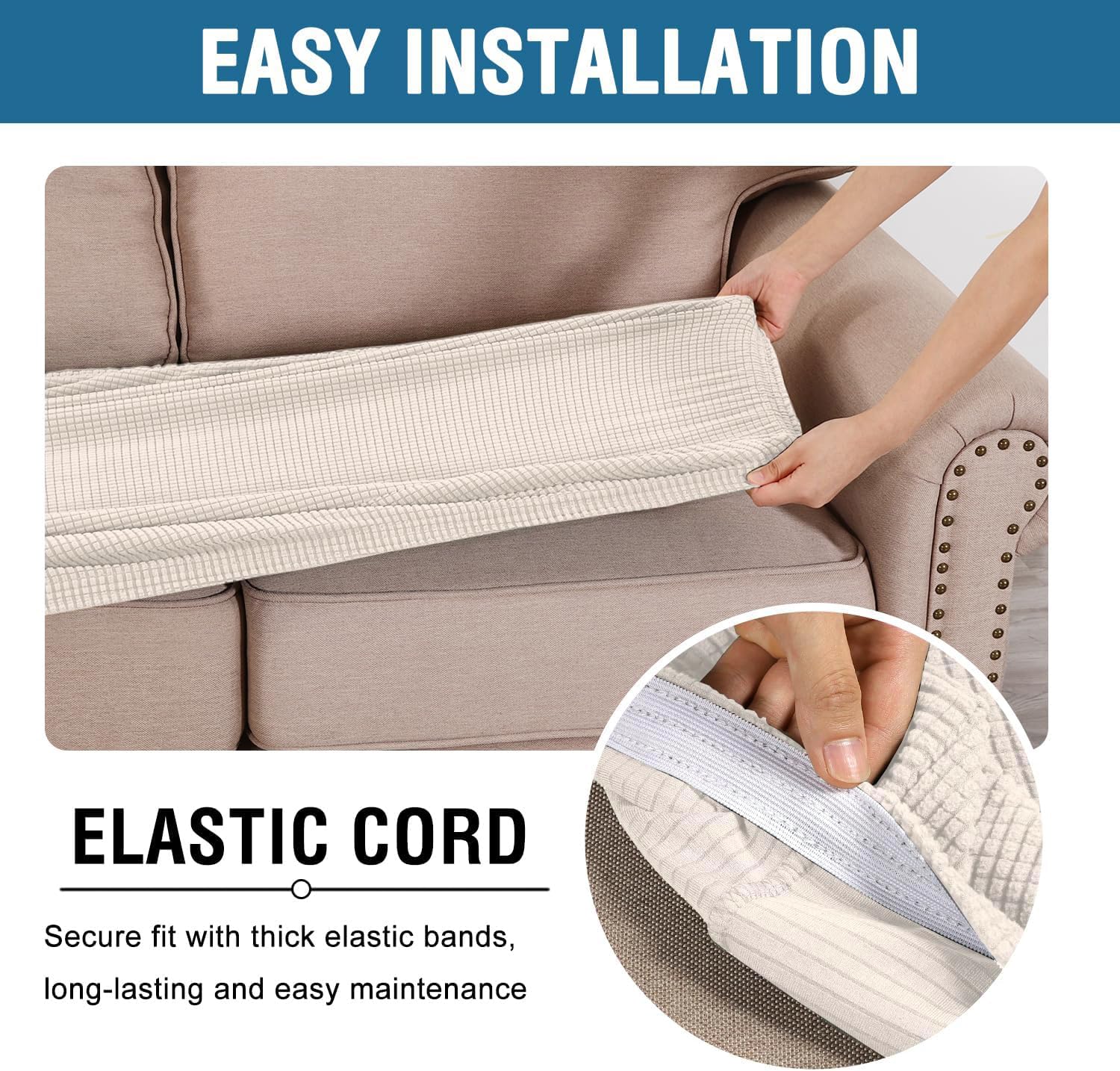 H.VERSAILTEX cushion cover shown with measuring tape indicating fit range