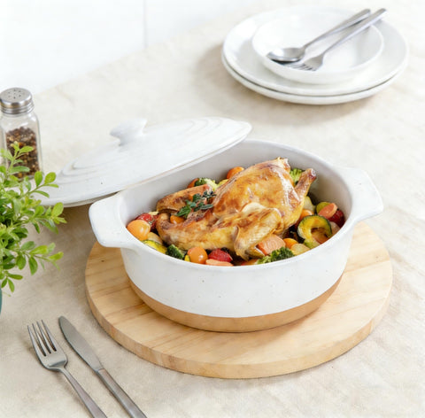 HVH casserole with lid close-up highlighting snug cover and serving convenience
