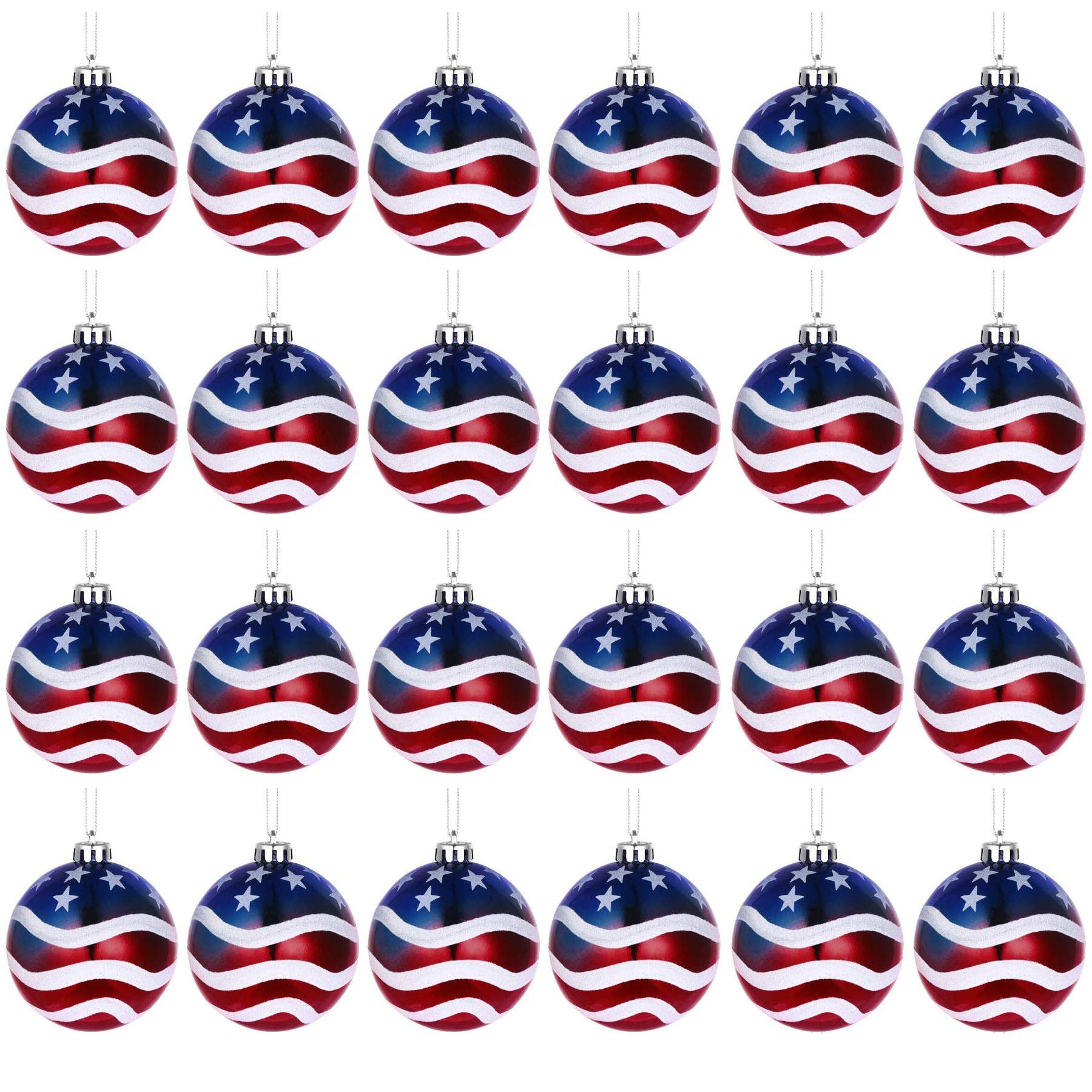 H&amp;W front packaging showing 24 patriotic balls and ready-to-hang set