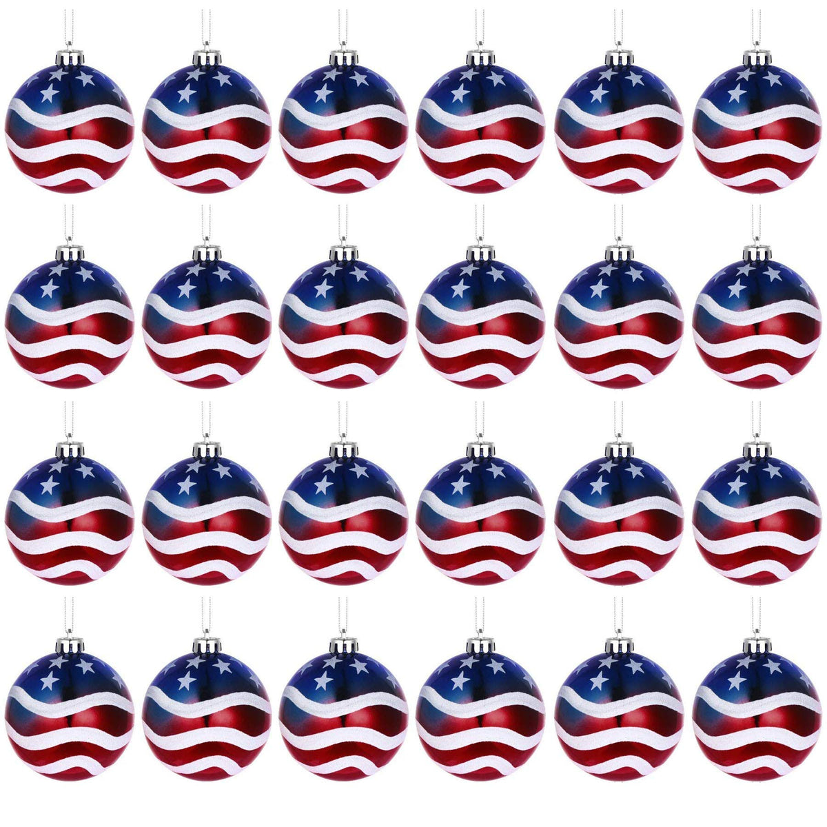 H&amp;W front packaging showing 24 patriotic balls and ready-to-hang set
