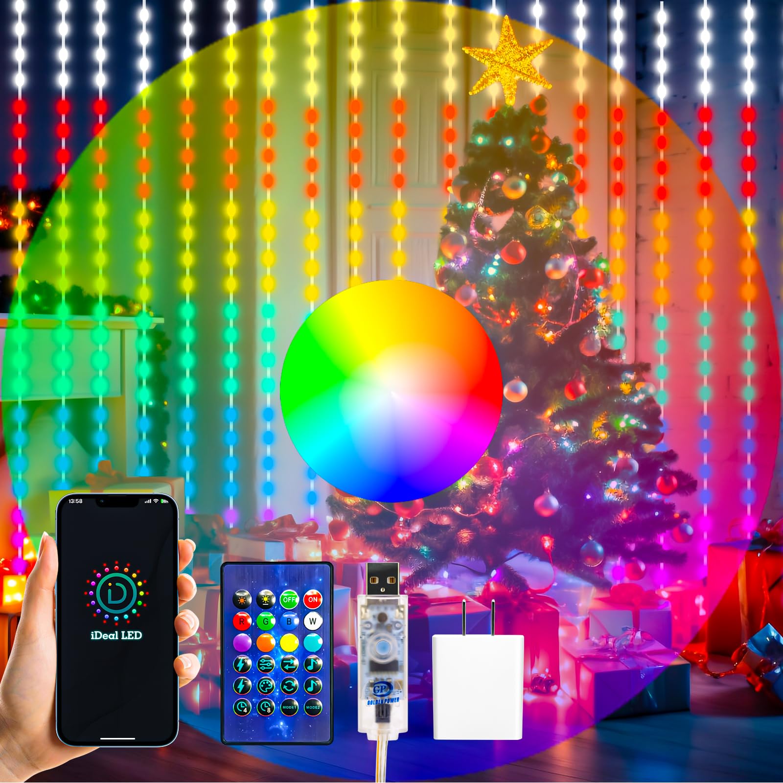 HXWEIYE curtain lights front view showing full 9.8x9.8ft display and bright colors