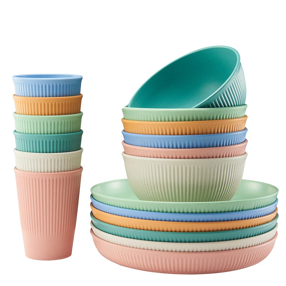 HXYPN front view of 18-piece set showing colorful plates bowls cups and packaging benefit durability