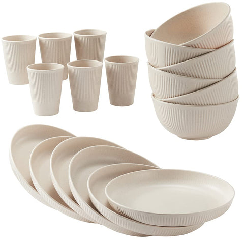 HXYPN front view of 18-piece wheat straw set showing complete service for six