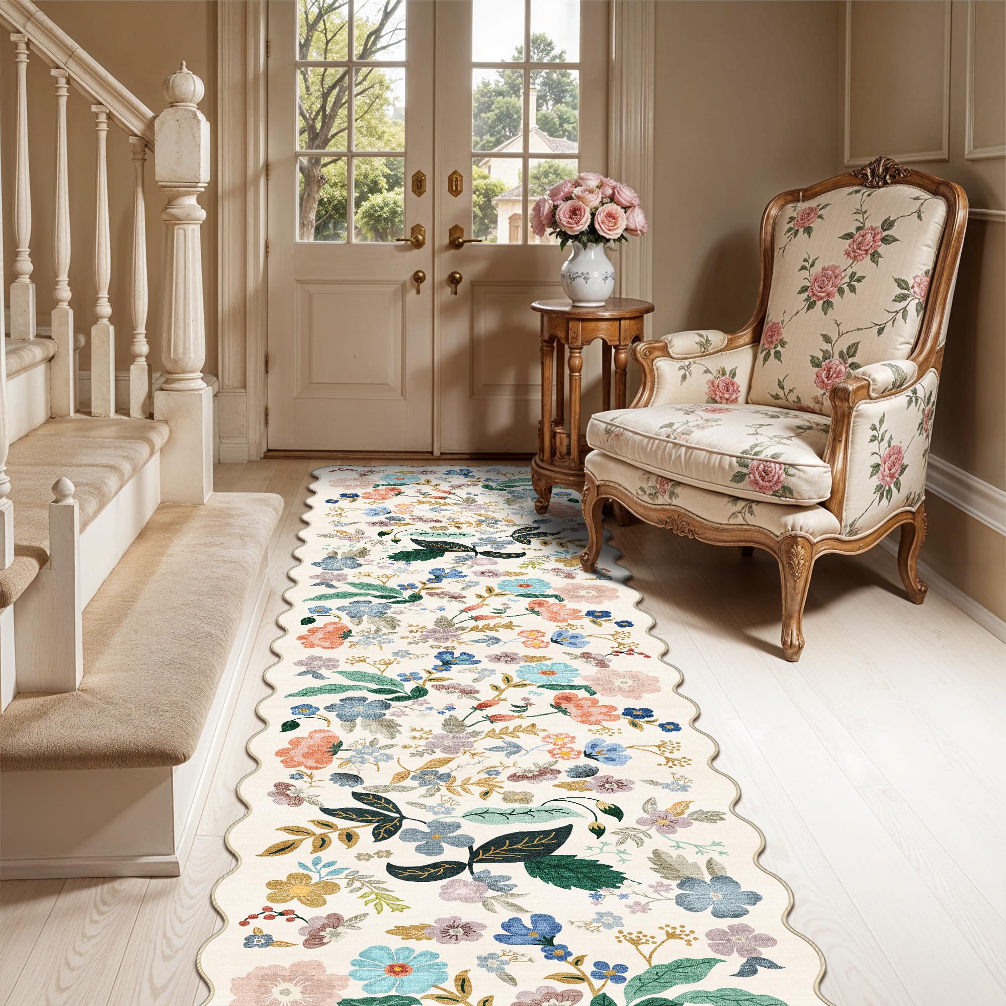 HY HAO YUN LAI front view of cream 2x8 runner showing size and pattern benefit