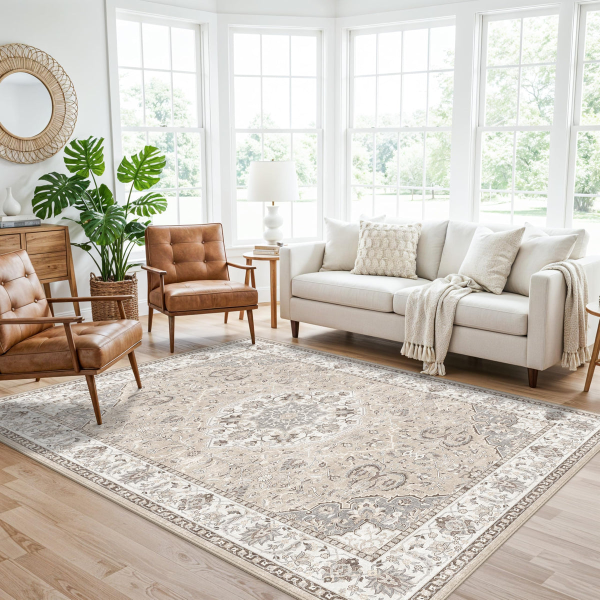 HY HAO YUN LAI front view of beige 5x8 rug showing vintage pattern and easy style