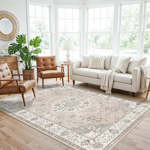 HY HAO YUN LAI front view of beige 5x8 rug showing vintage pattern and easy style