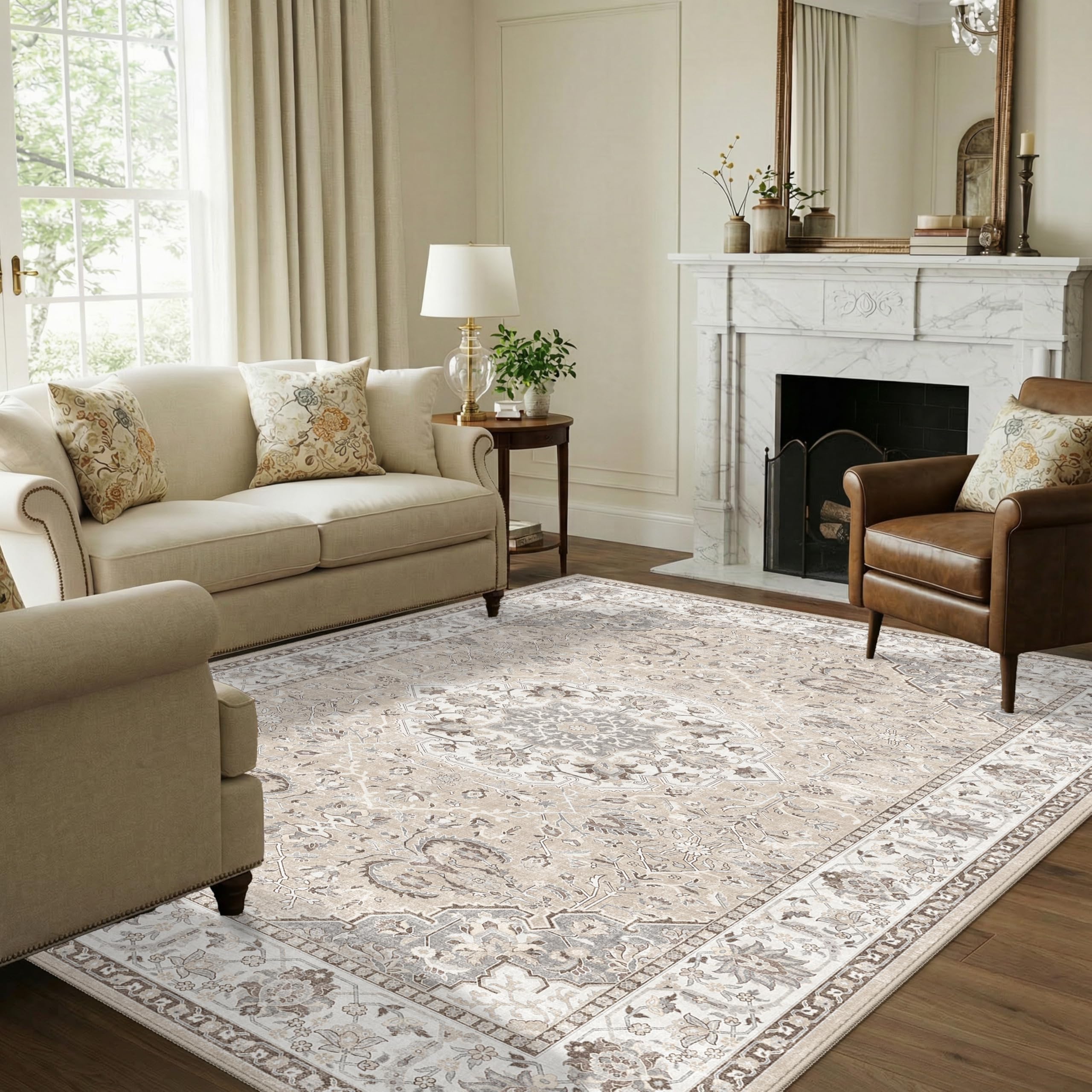 HY HAO YUN LAI front view beige rug shows farmhouse style and versatile everyday use