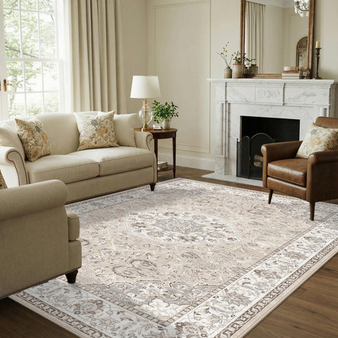 HY HAO YUN LAI front view beige rug shows farmhouse style and versatile everyday use