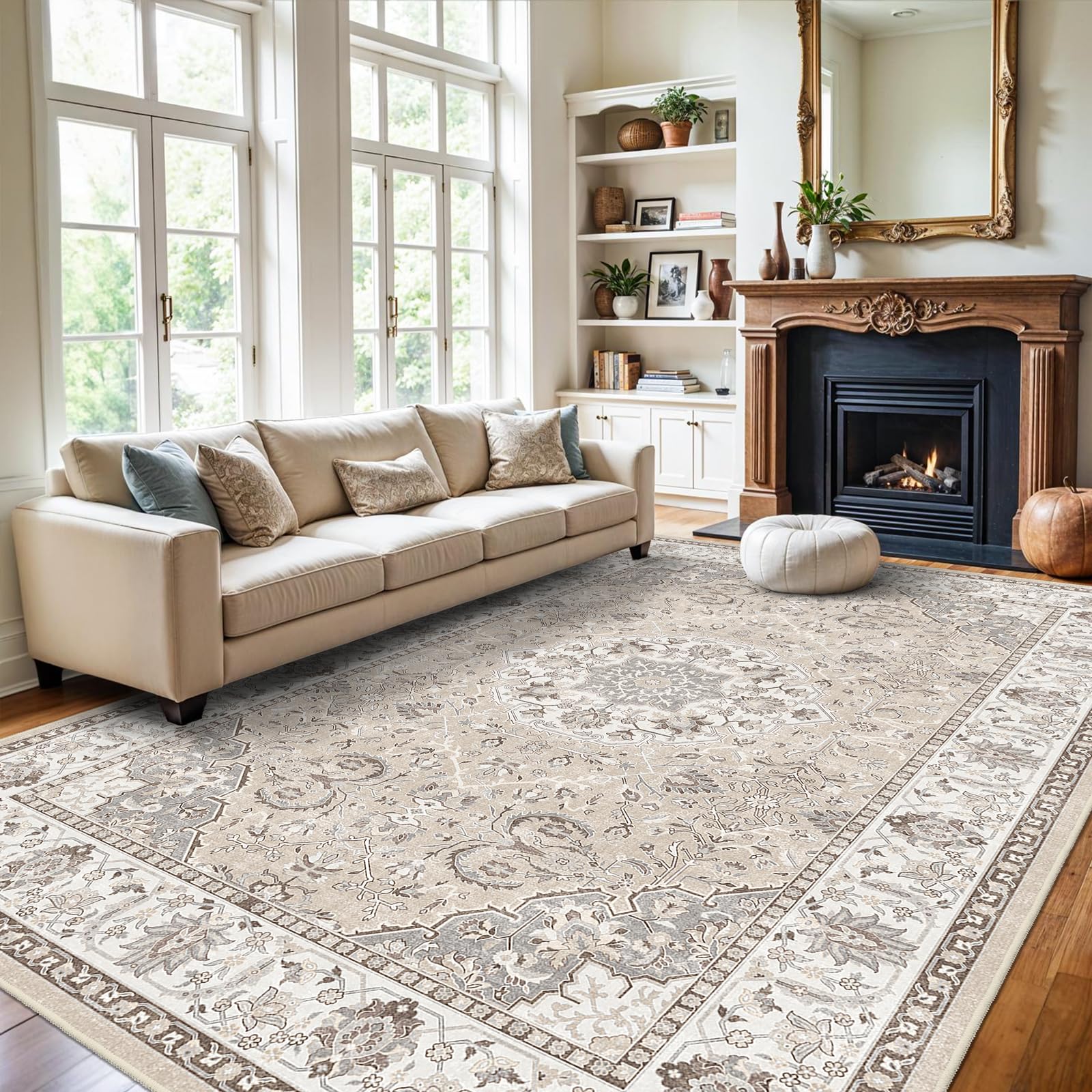 HY HAO YUN LAI front view of 9x12 beige oriental rug showcasing room impact and elegant style