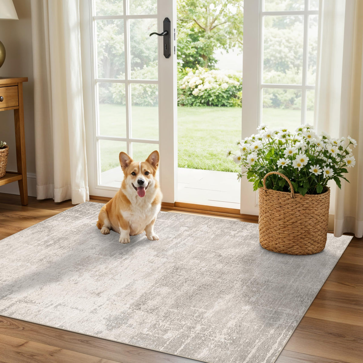 HY HAO YUN LAI front view showing neutral rug that elevates room decor