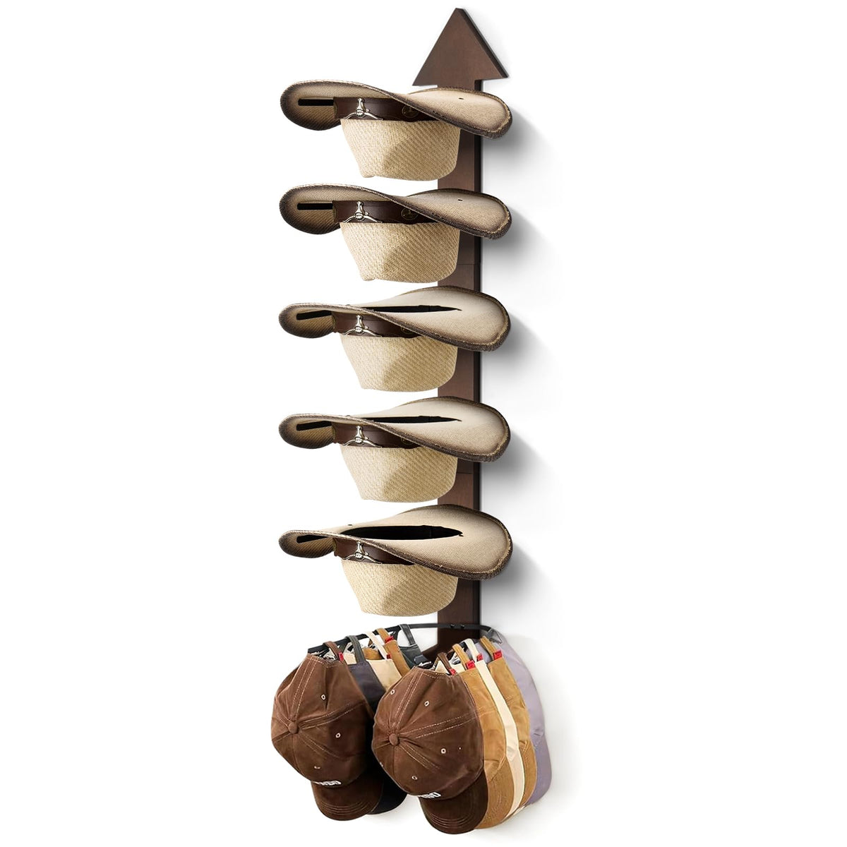 HYDERMUS front view of wall-mounted cowboy hat rack showing western arrow design and organized storage