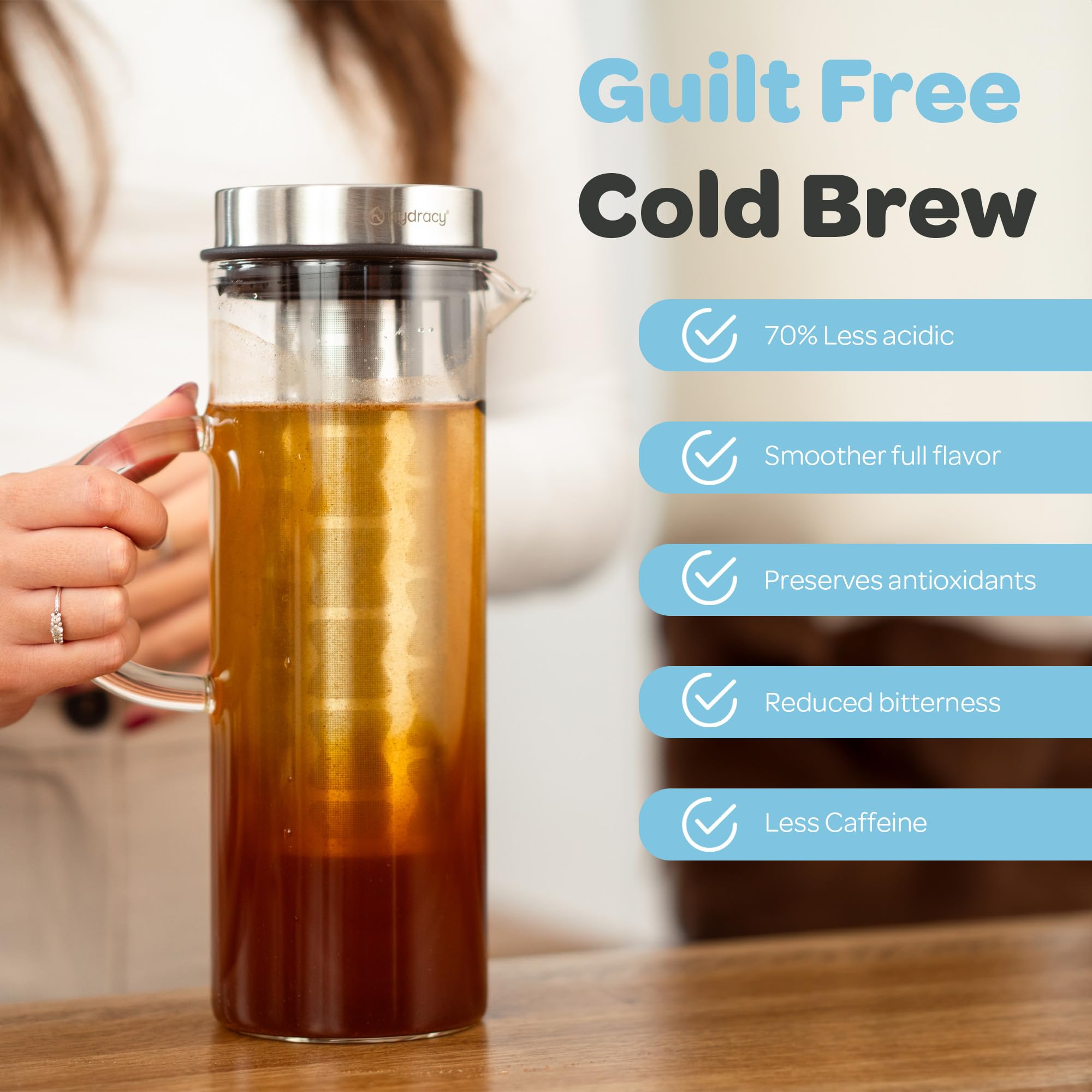 Hydracy pitcher pouring action demonstrating drip-free spout and easy serving
