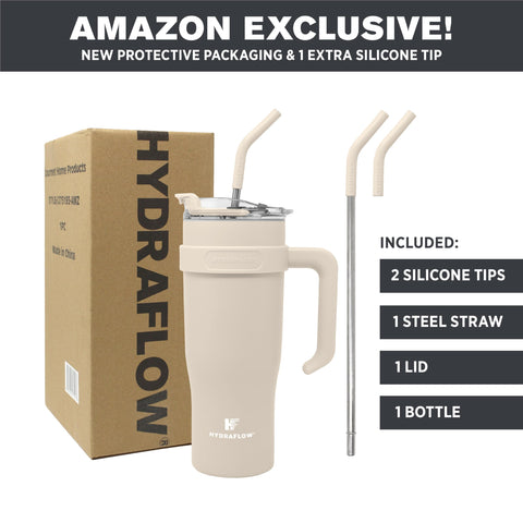 HYDRAFLOW Capri lid and straw detail illustrating secure spill-resistant design
