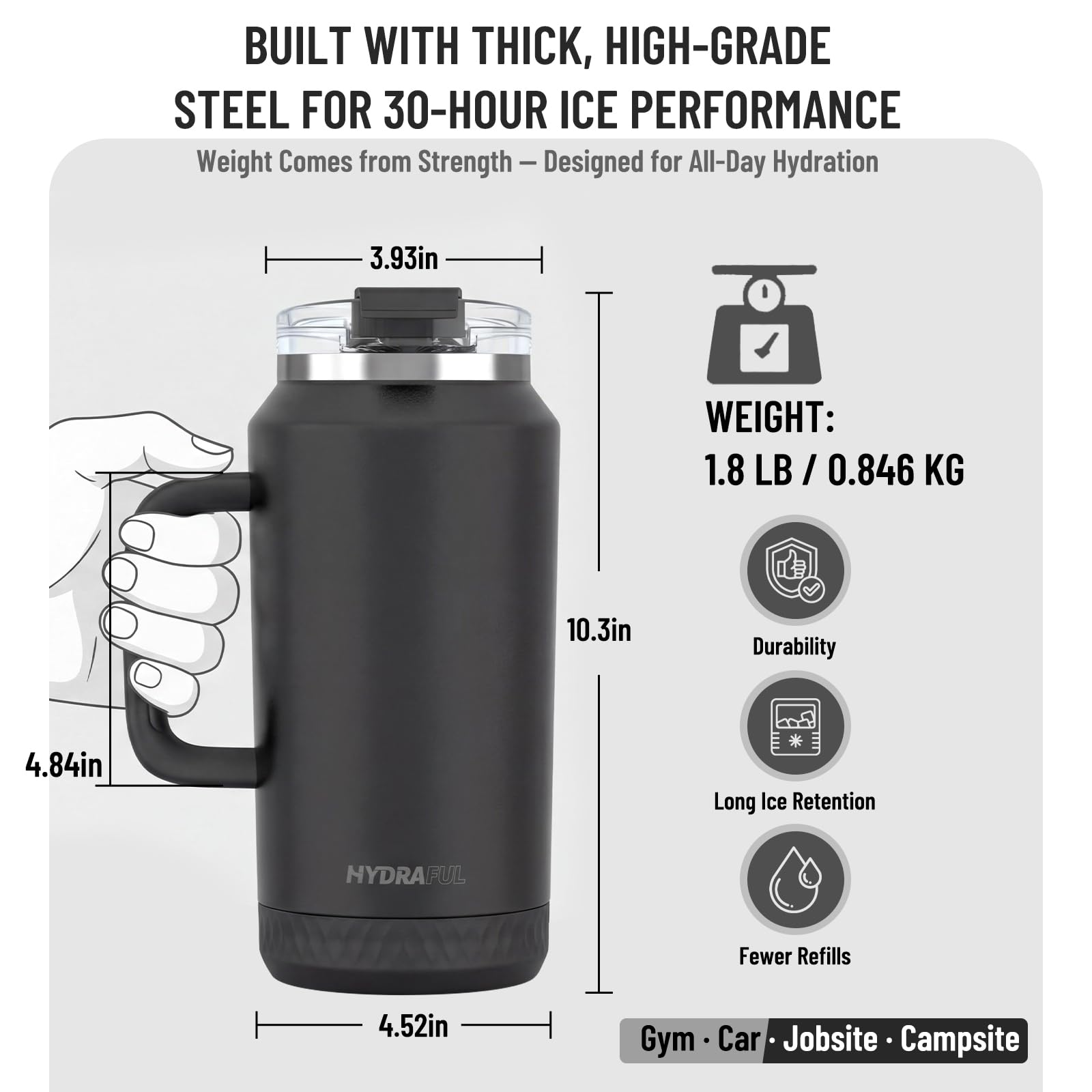 Hydraful tumbler in gym setting illustrating hands-free hydration benefit