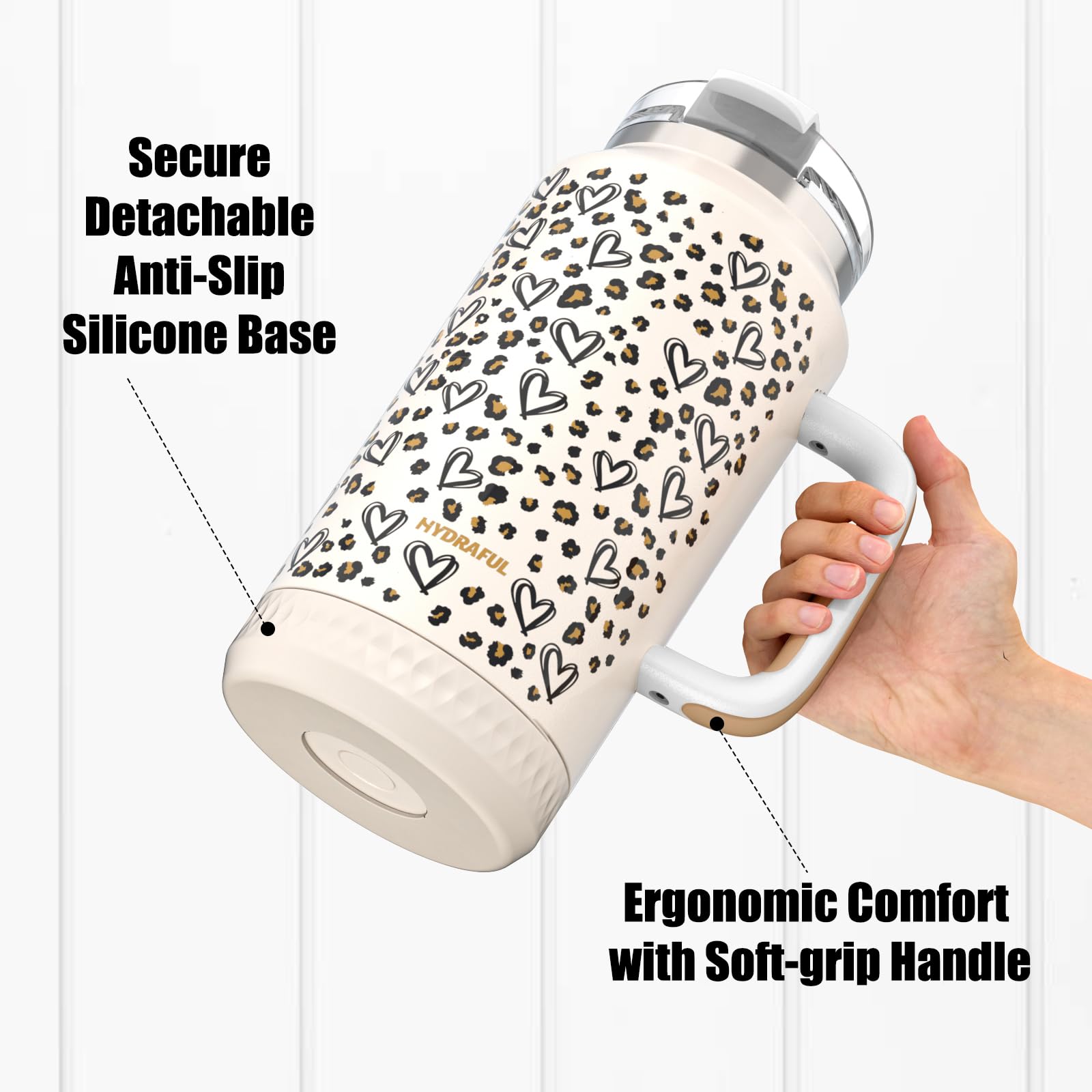 Hydraful straw with flip-top in use for convenient hands-free sipping