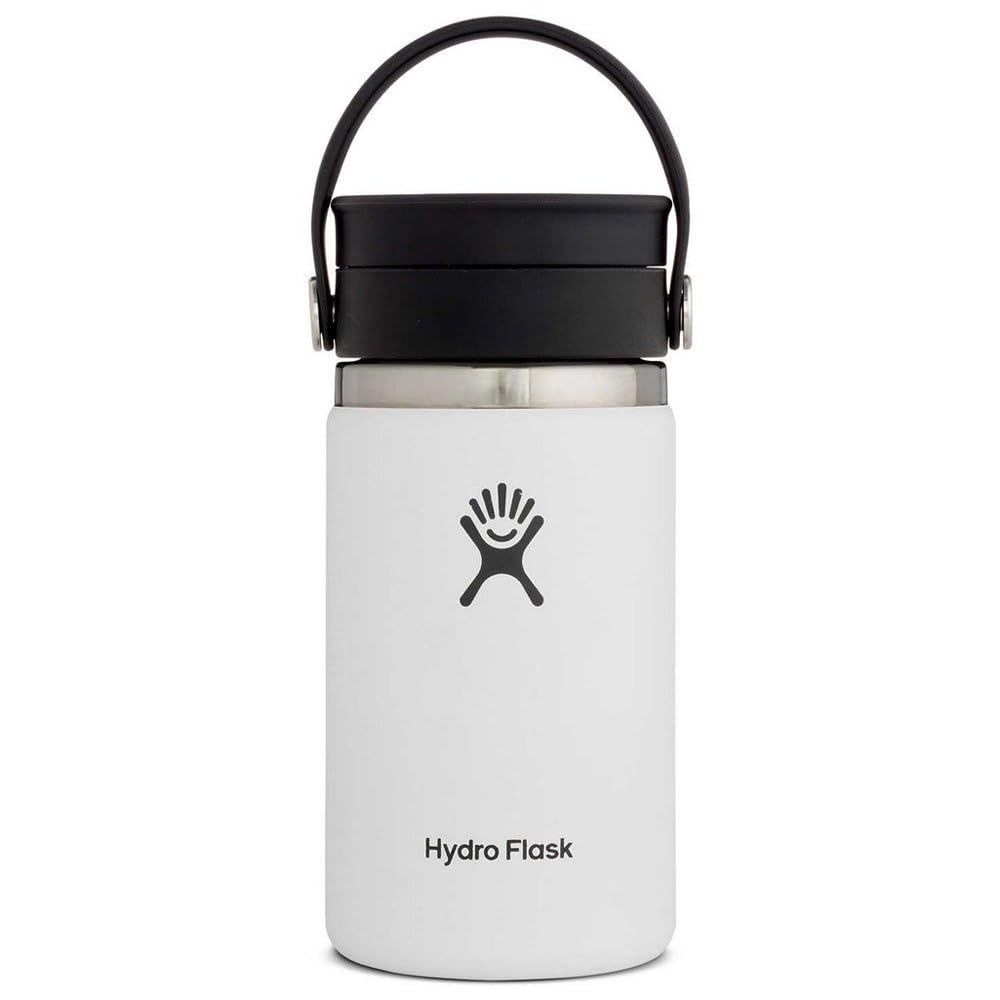Hydro Flask 12 oz front view in white showing compact insulated bottle, ideal for portability
