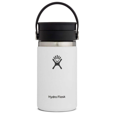 Hydro Flask 12 oz front view in white showing compact insulated bottle, ideal for portability