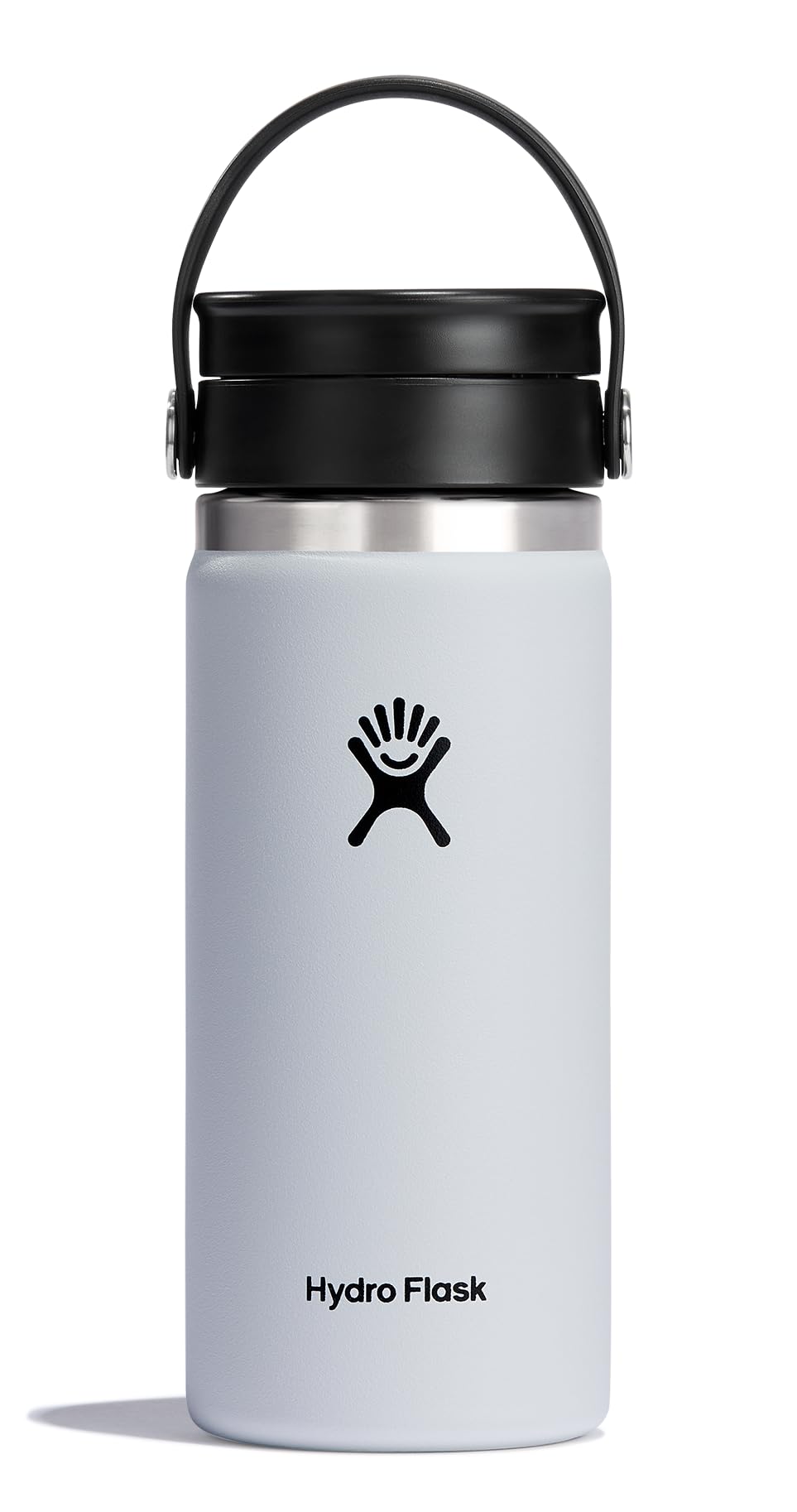 Hydro Flask front view of 16 oz white bottle showing clean finish and brand, ideal for everyday carry