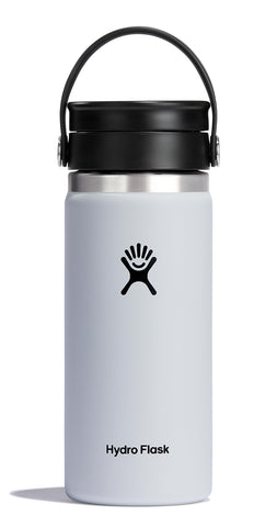 Hydro Flask front view of 16 oz white bottle showing clean finish and brand, ideal for everyday carry