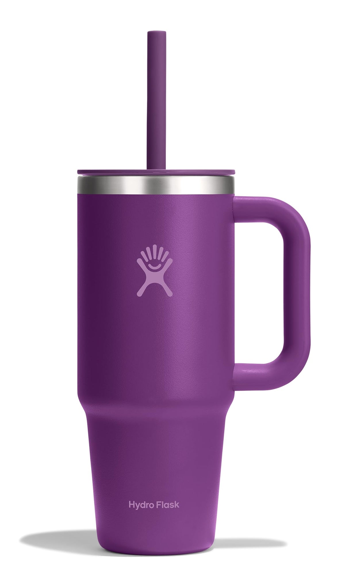Hydro Flask front view showing beachplum purple finish and cupholder fit benefit