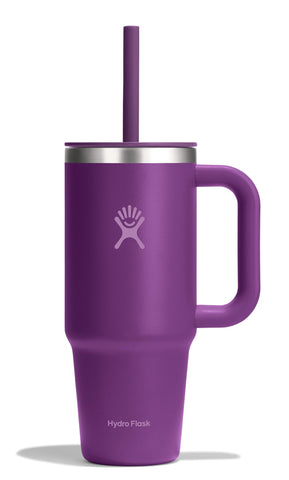 Hydro Flask front view showing beachplum purple finish and cupholder fit benefit