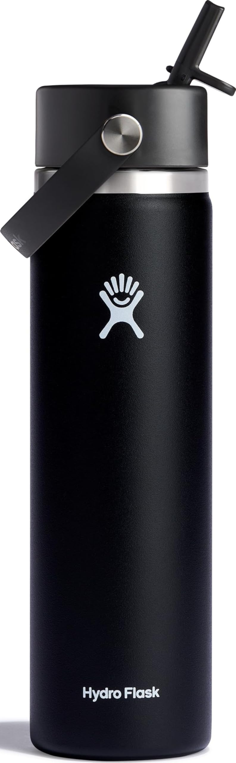 Hydro Flask 24 oz black bottle front view showing slim shape and durable finish for portability