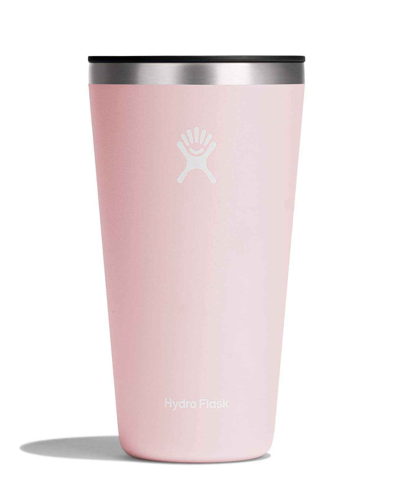 Hydro Flask 28 oz tumbler front profile showing capacity and cupholder fit benefit