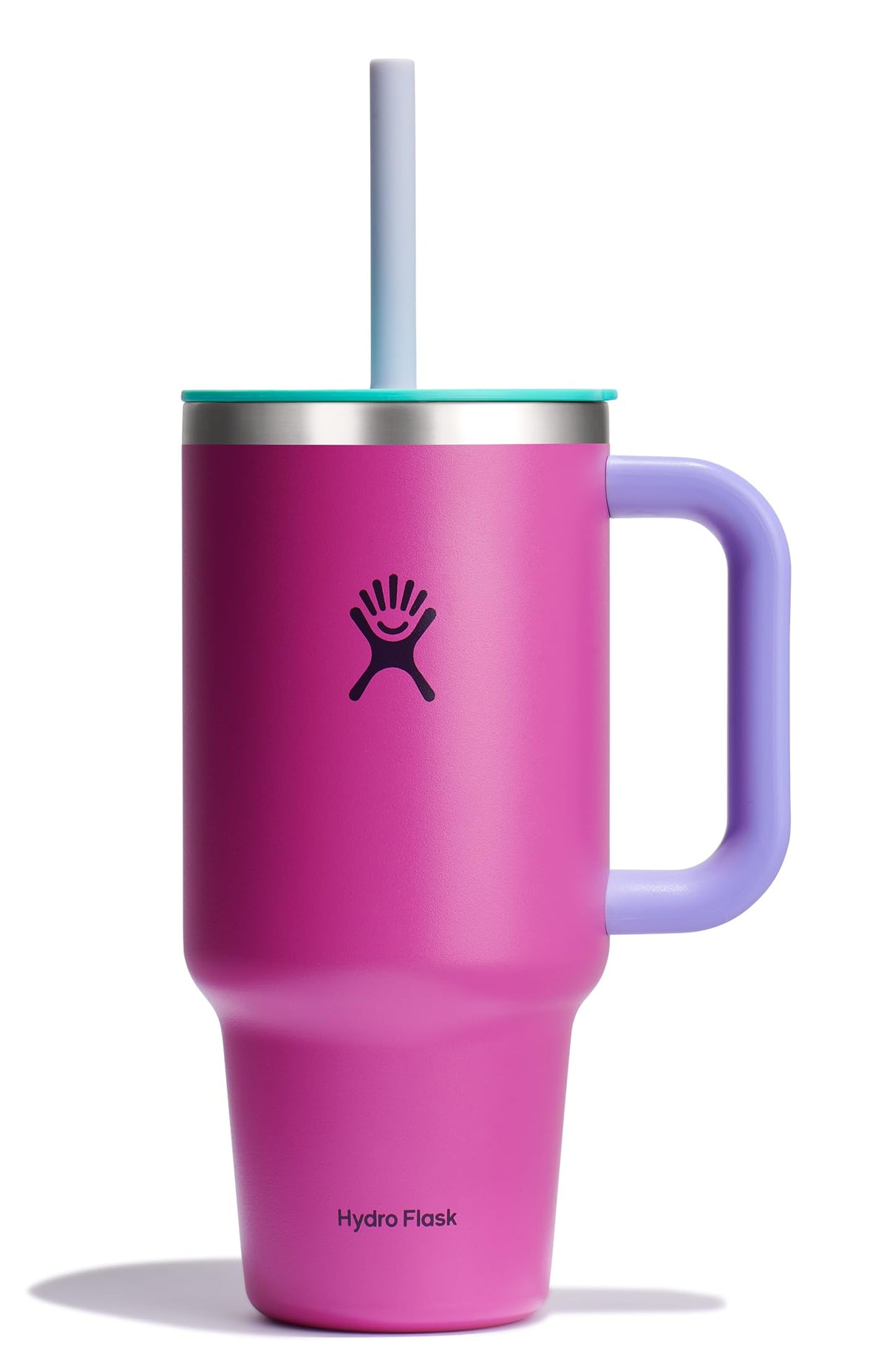Hydro Flask front view showing Holiday Punch color and ergonomic handle benefit