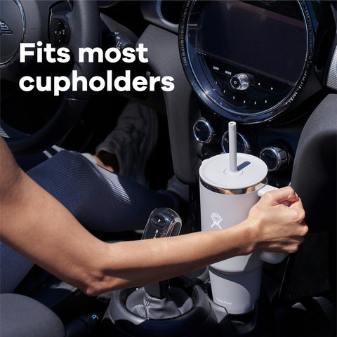 Hydro Flask side profile in car cupholder, fits most cupholders for on-the-go use