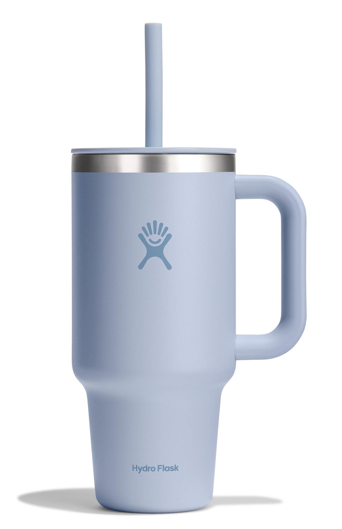 Hydro Flask front view showing Surf Blue tumbler and handle, durable everyday hydration