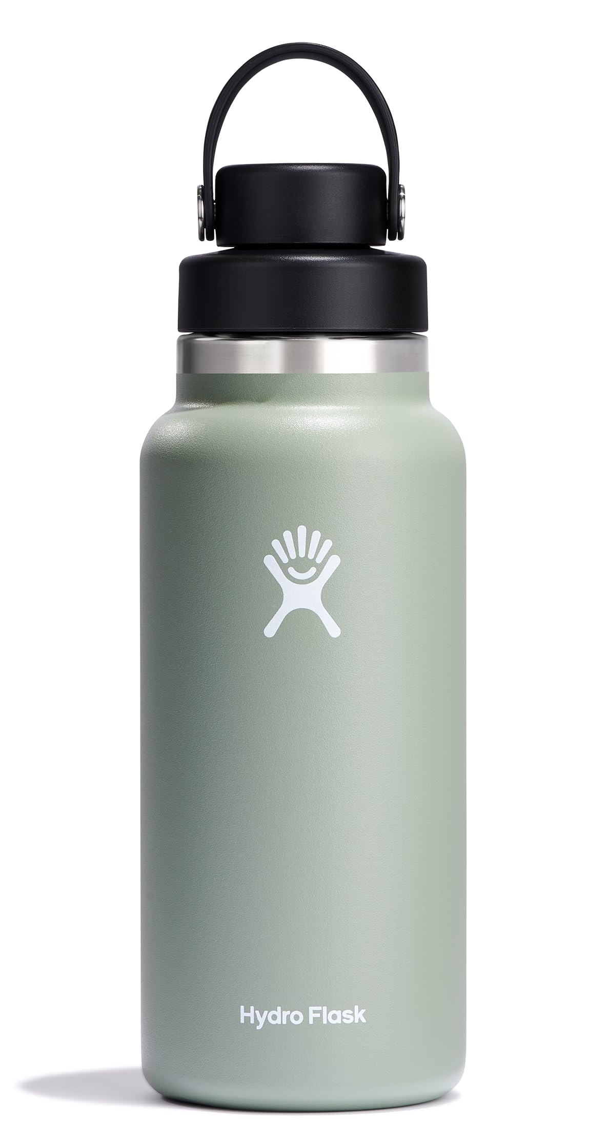 Hydro Flask 32 oz front view showing Agave color and durable finish benefits