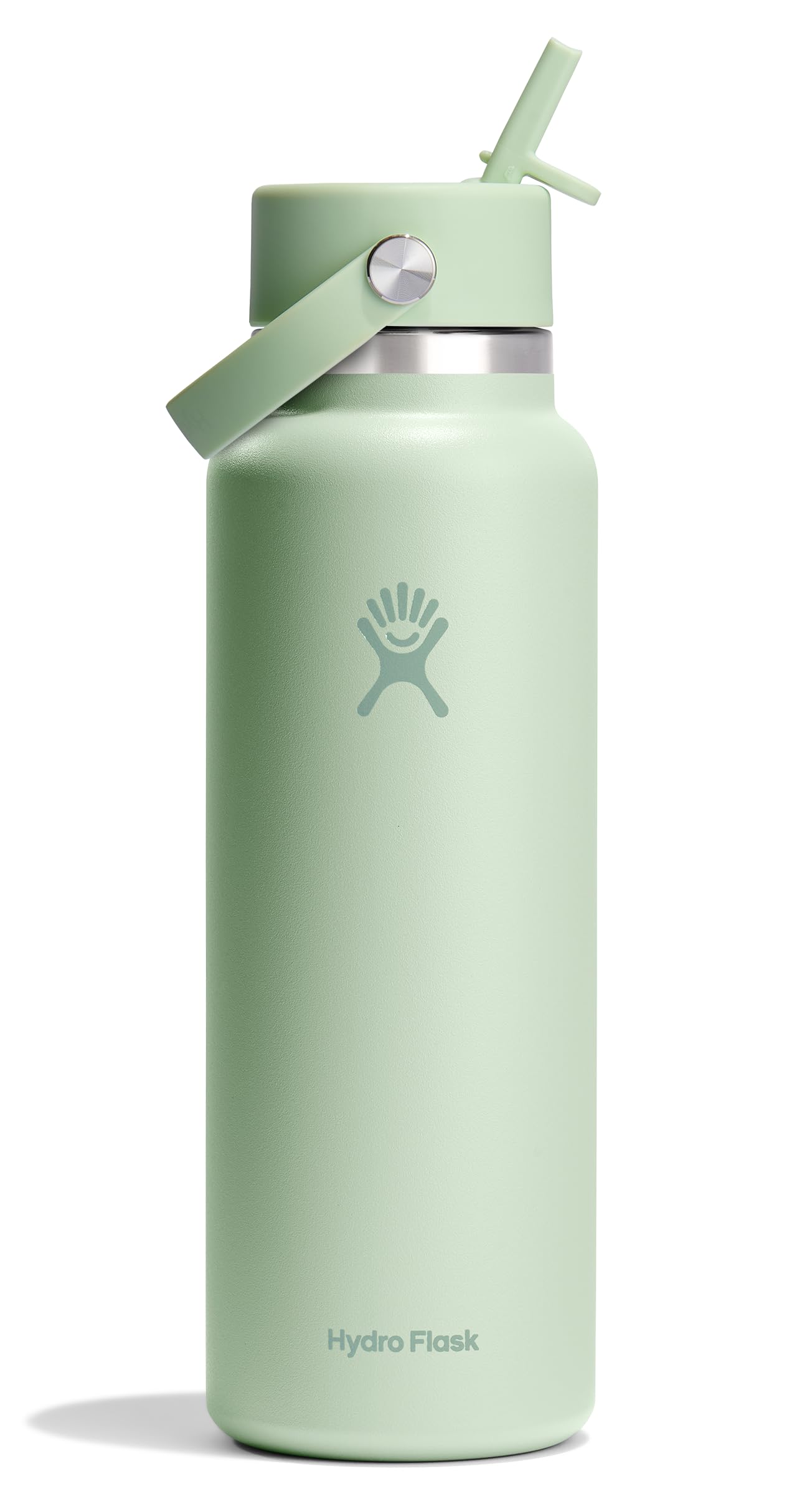 Hydro Flask 40 oz front view showing aloe green bottle and logo — vibrant hydration on display