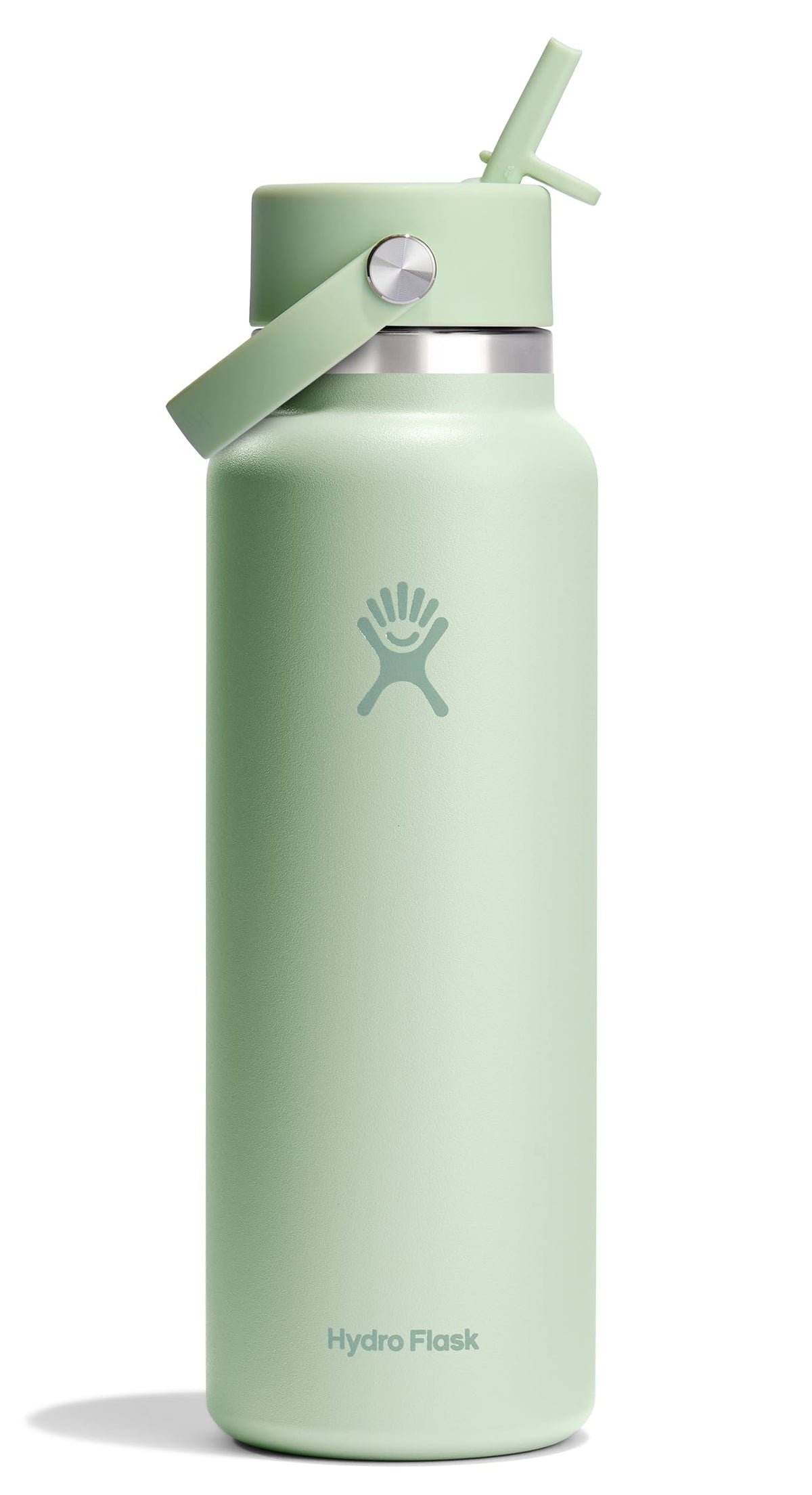 Hydro Flask 40 oz front view showing aloe green bottle and logo — vibrant hydration on display