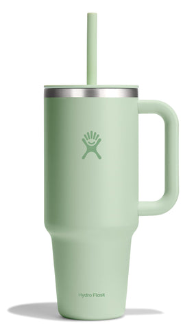 Hydro Flask 40 oz aloe front view showing full bottle and handle for easy carry