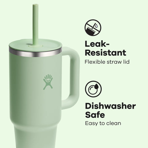 Hydro Flask press-in lid and flexible straw demonstrating leak-resistant sipping