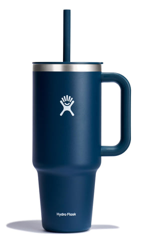 Hydro Flask 40 oz front view showing indigo finish and capacity benefit