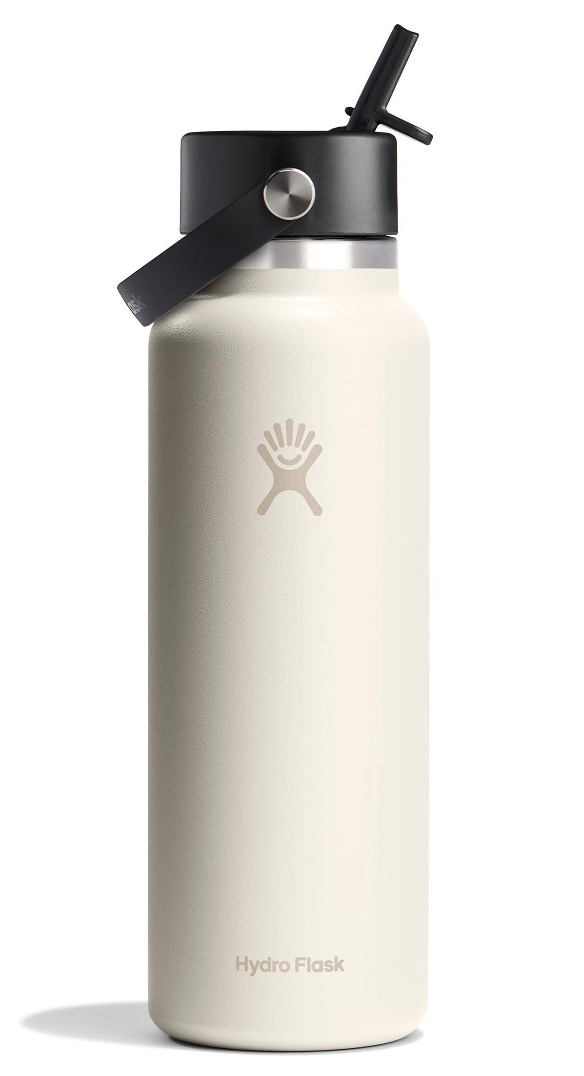 Hydro Flask 40 oz ivory front view showing bottle and handle for easy carrying