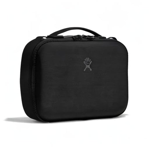 Hydro Flask lunch box beside water bottle for scale, compact 5 L capacity visible