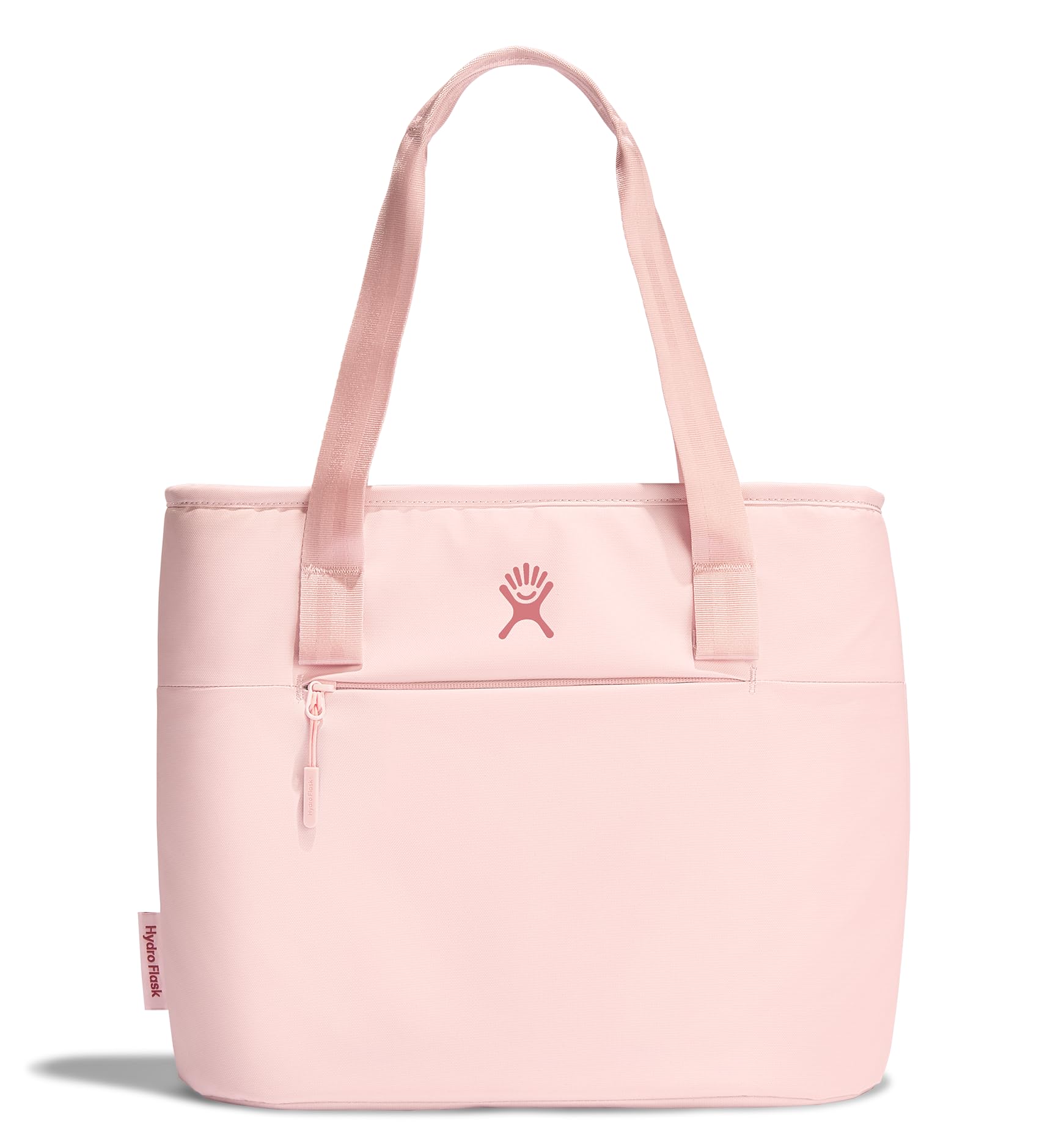 Hydro Flask tote front view showing Trillium Pink and durable exterior benefit