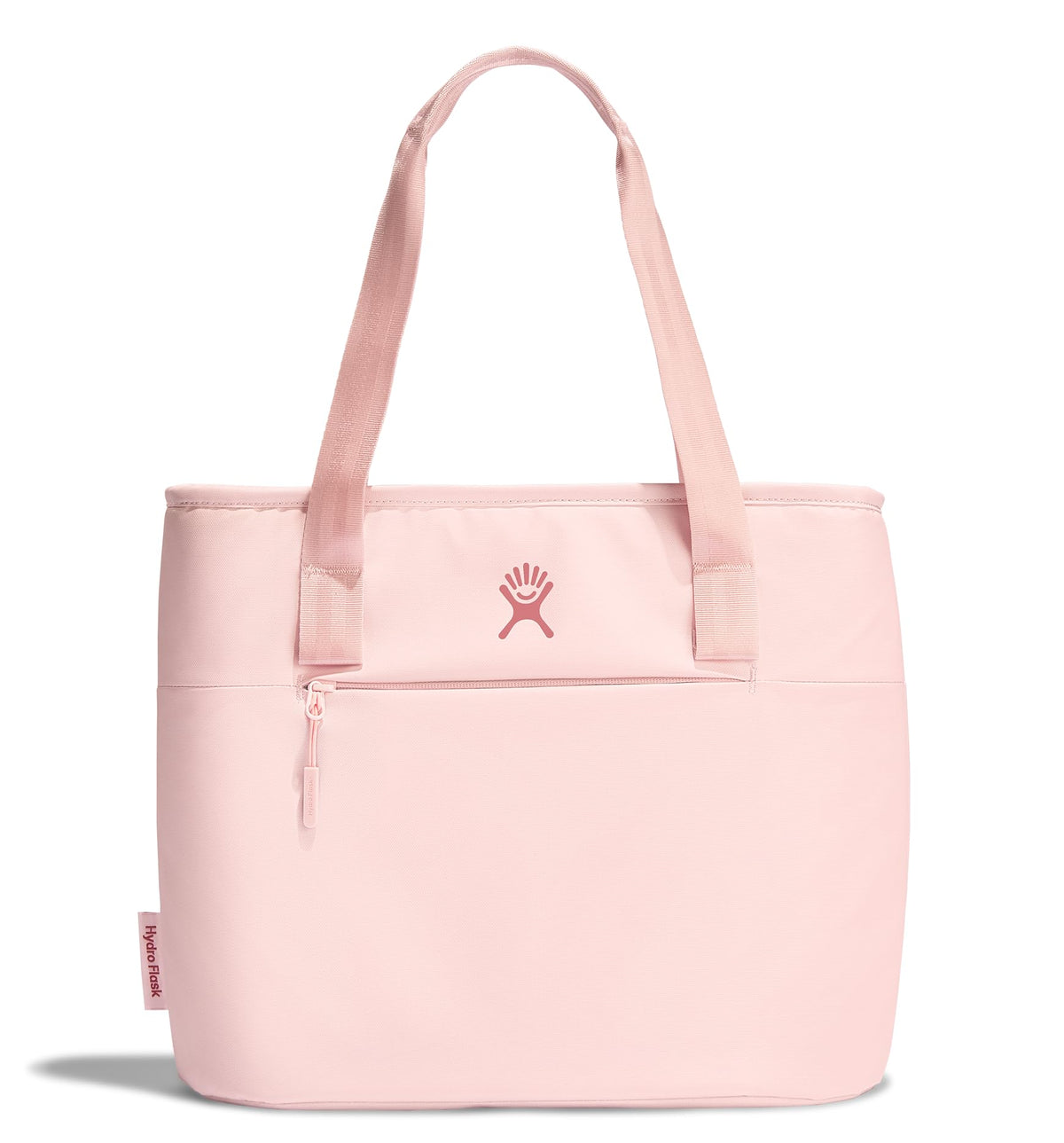 Hydro Flask tote front view showing Trillium Pink and durable exterior benefit