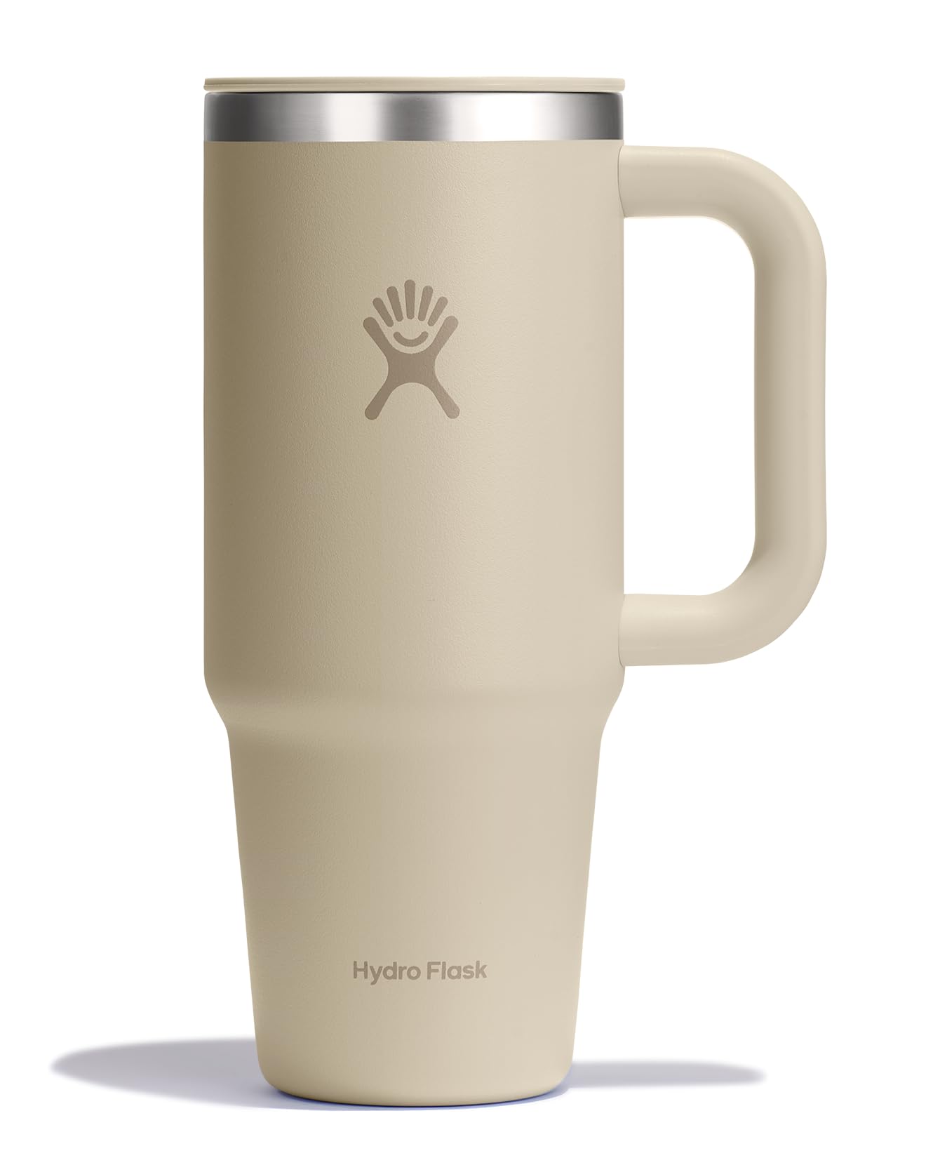 Hydro Flask front view showing oat tan finish and secure lid, durable everyday cup benefit